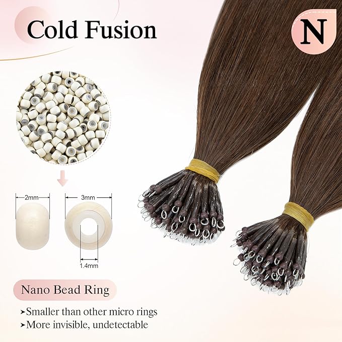 Nano Bead Human Hair Extensions - Nano Bond & Tip Extensions, Silky Straight Natural 50g/50 Stands 24" Medium Brown