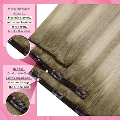 YoungSee 150g Clip in Hair Extensions Real Human Hair Ombre Blonde Clip in Extensions Light Ash Brown to Platinum Blonde Hair Extensions Clips in for Women 20Inch 7Pcs