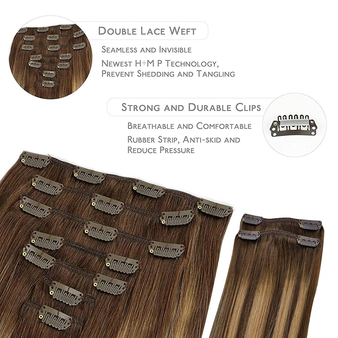 WENNALIFE Clip in Hair Extensions, 150g 22 Inch 9pcs Balayage Chocolate Brown to Honey Blonde Human Hair Extensions Thicker Clip in Hair Extensions Real Human Hair Clip Set Double Weft