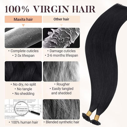 MAXITA U Tip Hair Extensions Human Hair, Jet Black Hair Extensions Real Human Hair, 50g/50 Strands/Pack, 18 In Virgin Human Hair