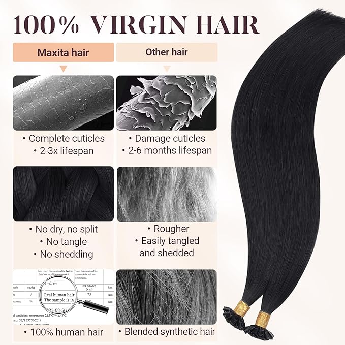 MAXITA U Tip Hair Extensions Human Hair, Jet Black Hair Extensions Real Human Hair, 50g/50 Strands/Pack, 24 In Virgin Human Hair