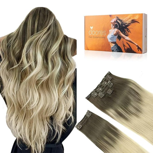 DOORES Clip in Hair Extensions - Ash Brown to Platinum Blonde, 150g 9pcs 16 Inch Remy Human Hair, Natural Silky Straight Thick
