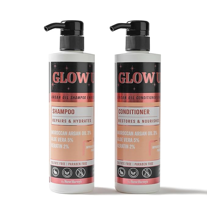 GLOW UP by Nurse Harvey's - Argan Oil Shampoo & Conditioner Set with Keratin & Aloe Vera, 14 fl oz Each – Repairs, Hydrates, Restores Shine – Sulfate Free, Paraben Free, Vegan & Cruelty Free