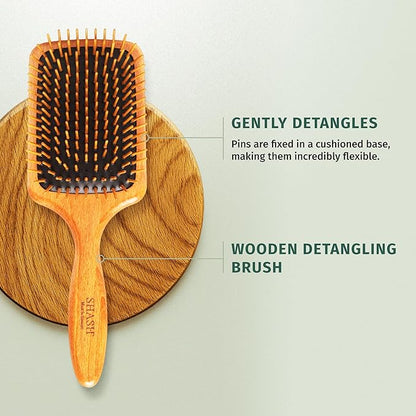 SHASH Since 1869 Made in Germany Wooden Paddle Brush - Gently Detangles, Styles, Conditions Hair with Minimal Frizz and Breakage - Safe for All Hair Types, Wet or Dry - Eco-Sourced Wood