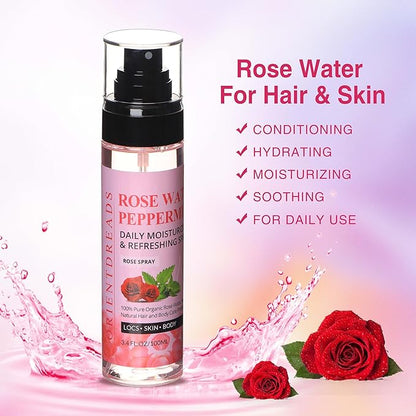 Moisturizing Rose Water and Peppermint Hair Scalp Refresher with Castor Oil for Locs and Dreadlocks - Natural Loc Care and Maintenance (3.4oz)