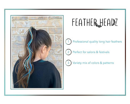 21 Natural & Turquoise Color Hair Extensions – 9”–14” Long – DIY Rooster Kit with 20 Micro-Link Beads – 100% Real Feathers – Eye-Catching Boho Style