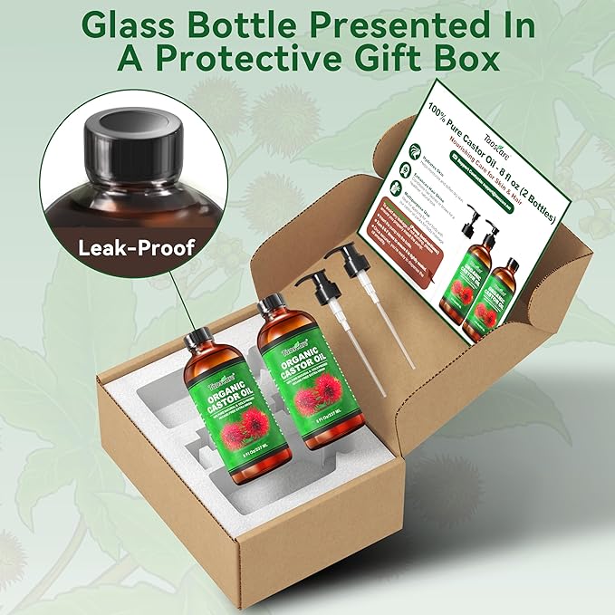 2 Pack Castor Oil Organic Cold Pressed Unrefined Glass Bottle with 2 Pumps – Pure & Hexane-Free for Hair Growth, Skin Care, Lashes, Brows, Body Nourishment – Ideal for Caster Oils Pack Wrap