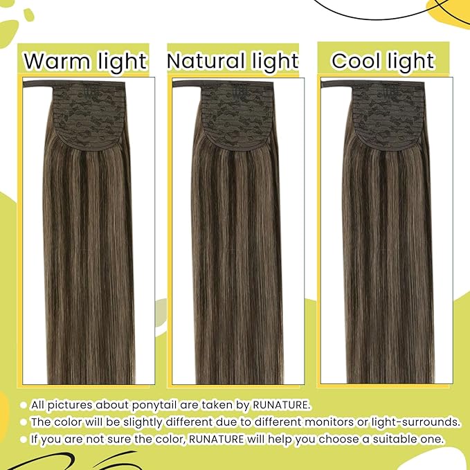 RUNATURE Human Hair Ponytail Wrap Around Ponytail Extension Human Hair with Magic Paste Long Real Ponytail Hair Extensions 20 Inch 80g #2P8A Dark Brown Highlight Light Brown