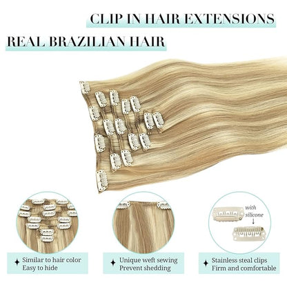 DOORES Clip in Human Hair Extensions - Balayage Dark Blonde Highlighted Bleach Blonde 120g 7pcs 22 Inch Real Human Hair Natural Thick Silky