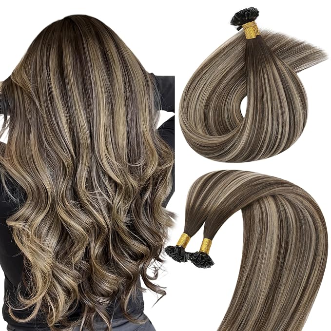 Sunny Hair Ktip Human Hair Extensions 22inch K Tip Hair Extensions Real Human Hair Ombre Dark Brown Mixed Ash Blonde Keratin Tips Extensions 50g