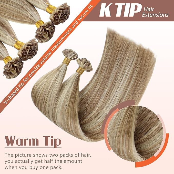 Sunny Hair Ktips Human Hair Extensions 22inch Keratin Hair Extensions Human Hair Light Brown Mix Platinum Blonde K Tip Hair Extensions Tangle-Resistant 50g