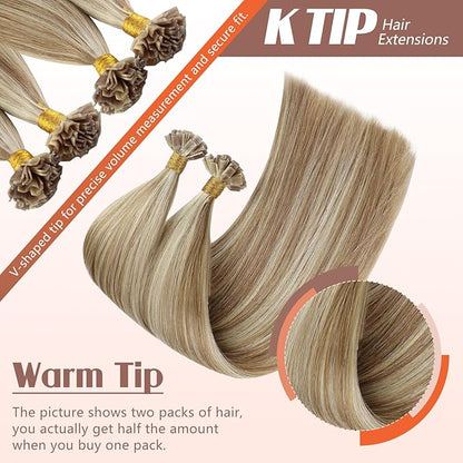 Sunny Hair Ktips Human Hair Extensions 22inch Keratin Hair Extensions Human Hair Light Brown Mix Platinum Blonde K Tip Hair Extensions Tangle-Resistant 50g