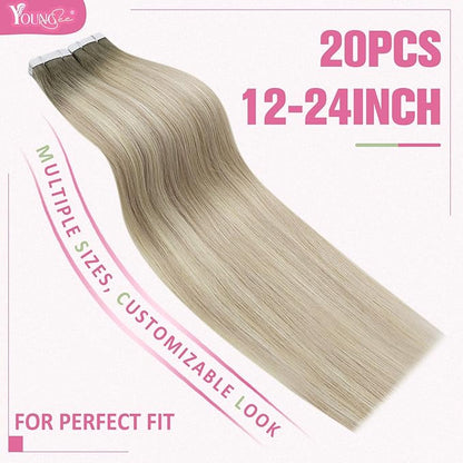 YoungSee Tape on Balayage Hair Extensions Ash Blonde Ombre Platinum Blonde Hair Extensions Real Human Hair Tape in Balayage Tape Hair Extensions Human Hair Blond Seamless Hair 22In 50g 20pcs