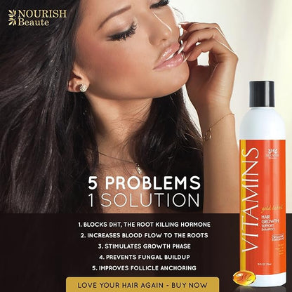 Nourish Beaute Vitamins Natural Shampoo for Hair Growth and Hair Loss for Hair Regrowth,Volume and Thickening with Biotin,DHT Blockers, No Sulfate, For Men and Women, Premium Gold Label, 3 Pk