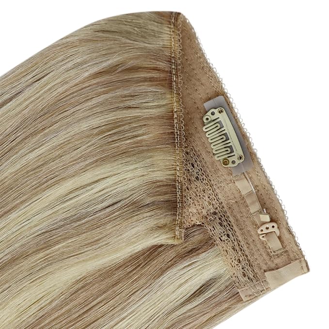 YoungSee Invisible Wire Human Hair Extensions Blonde Highlight Thick Wire Hair Extensions Real Human Hair Dark Ash Blonde Highlights Golden Blonde Hair Wire Extensions for Women 14In 80G