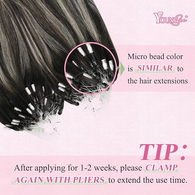 YoungSee Micro Link Hair Extensions Human Hair Ombre Bead Hair Extensions Real Human Hair Ombre Black to Silver Micro Human Hair Extension Soft 18In 50g 50s