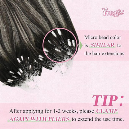 YoungSee Micro Link Hair Extensions Human Hair Ombre Bead Hair Extensions Real Human Hair Ombre Black to Silver Micro Human Hair Extension Soft 18In 50g 50s