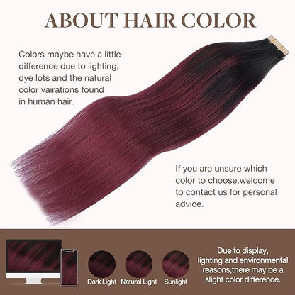 GOO GOO Tape in Hair Extensions Human Hair, 1/99 Balayage Jet Black to Red, 18inch 50g 20pcs, Skin Weft Seamless Invisible, Silky Straight with Thick Ends, Remy Human Hair