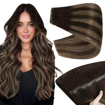 Full Shine Butterfly Weft Hair Extensions Human Hair 16 Inch Pu Hole Weft Human Hair Hand Tied Extensions Color Dark Brown Mixed Light Brown 80G