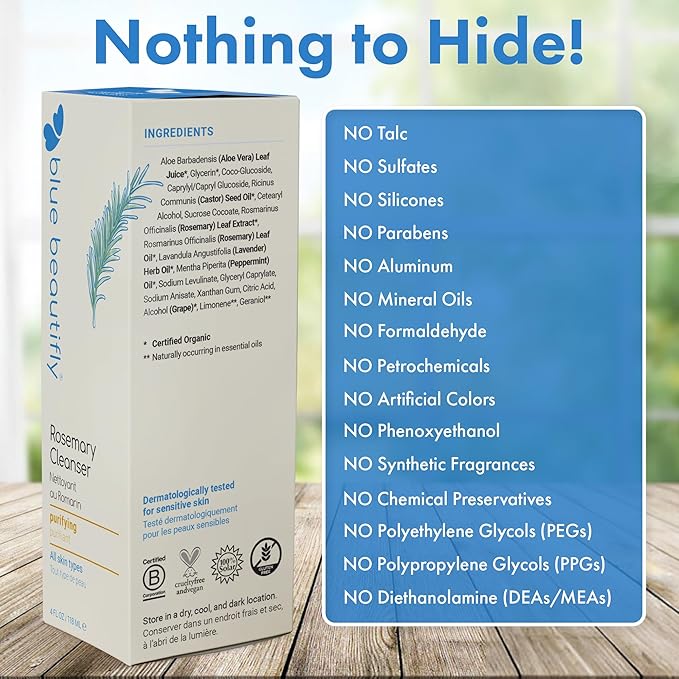 Blue Beautifly Rosemary Deep Pore Cleanser - Removes Dirt, Pollutants, & Makeup - No Sulfates, SLS, PEGs, Toxins, or Synthetics - Plant-based, Hypoallergenic, Dermatologically Tested - 4 fl oz