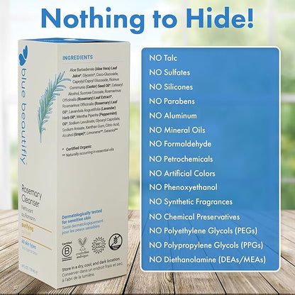 Blue Beautifly Rosemary Deep Pore Cleanser - Removes Dirt, Pollutants, & Makeup - No Sulfates, SLS, PEGs, Toxins, or Synthetics - Plant-based, Hypoallergenic, Dermatologically Tested - 4 fl oz