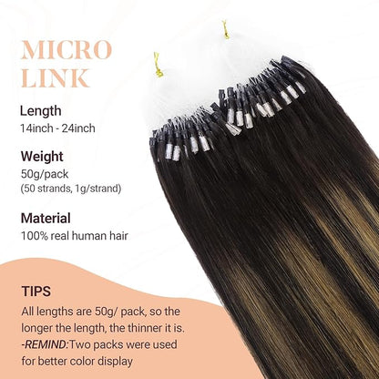 MAXITA Microlink Hair Extensions Human Hair Balayage Dark Brown Mixed Chestnut Brown Micro Bead Hair Extensions Virgin Human Hair, 50g/50 Strands/Pack, 18 In
