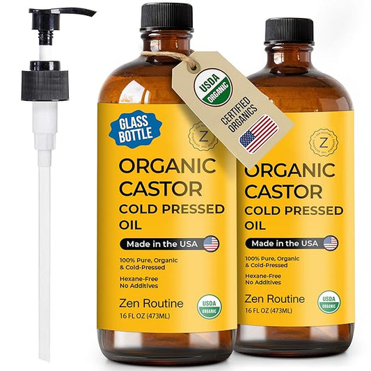 Zen Routine Organic Castor Oil (Glass Bottle - 16oz / 2-Pack) Hexane Free – Hair Growth Oil, Eye Lashes & Stomach, Pure 100% Cold Pressed Unrefined Castor Pack Wrap – USDA Certified, Made in the USA
