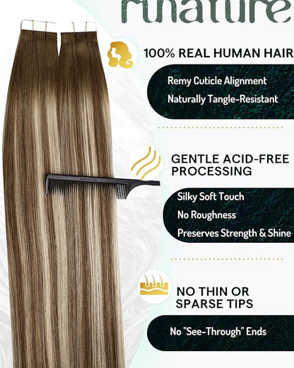 RUNATURE 24 Inch Tape in Hair Extensions Human Hair Balayage Hair Extensions Tape in Human Hair Ombre Brown to Blonde Human Hair Tape in Extensions Natural Looking Silky 20pcs 50g