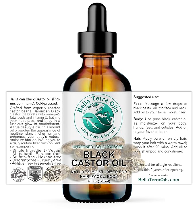 Bella Terra Oils - Jamaican Black Castor Oil 4 oz - Pure and Authentic, Packed with Ricinoleic Acid, Elevate Your Beauty Regimen