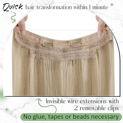 RUNATURE Wire Human Hair Extensions Dark Blonde Highlight Golden Blonde Fish Wire Hair Extensions Real Human Hair Invisible Wire Hair Extensions 16 Inch 80g