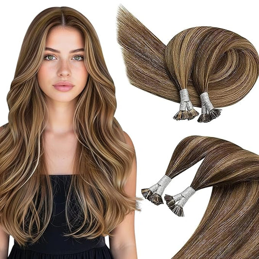 Sunny Hair Flat Tip Hair Extensions Real Human Hair Dark Brown Highlight Blonde K Tip Hair Extensions Real Human Hair 20inch Keratin Bond Extensions Human Hair Soft 50g