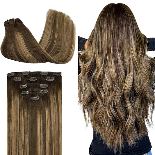 DOORES Clip in Hair Extensions, 5pcs 75g Balayage Chocolate Brown to Caramel Blonde 14 Inch Real Human Hair Extensions Clip in Natural Straight Hair Extensions
