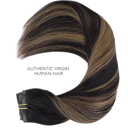 WENNALIFE Seamless Clip In Hair Extensions, 22 Inch 130g 7pcs Natural Black Mixed Chestnut Brown Hair Extensions Clip in Human Hair Invisible PU Skin Weft Natural Remy Human Hair Extensions