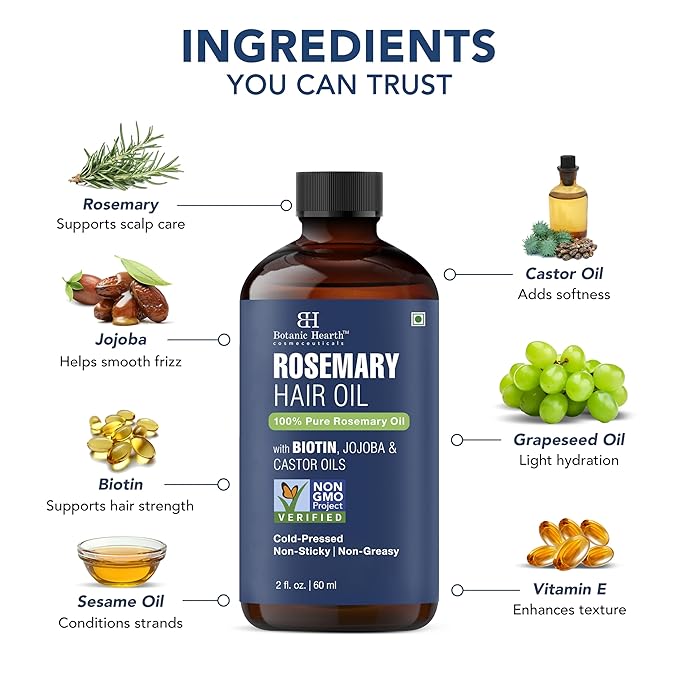 Botanic Hearth 100% Pure Rosemary Oil For Hair (2 Fl Oz) Infused With Biotin, Jojoba & Castor Oil | Hair Treatment | Nourishing & Volumizing | Non Gmo Verified | With Applicators - Hair Tonic