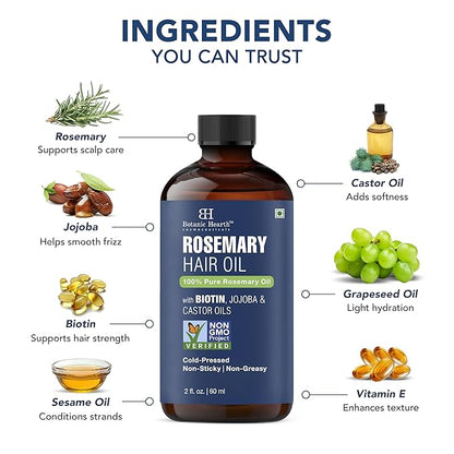 Botanic Hearth 100% Pure Rosemary Oil For Hair (2 Fl Oz) Infused With Biotin, Jojoba & Castor Oil | Hair Treatment | Nourishing & Volumizing | Non Gmo Verified | With Applicators - Hair Tonic