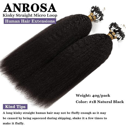 Anrosa Microlink Hair Extensions Human Hair Kinky Straight Micro Loop Hair Extensions 100% Brazilian Virgin Hair Cold Fusion Micro Rings Hair Extensions for Black Women 14 Inch 40g 50 Strands