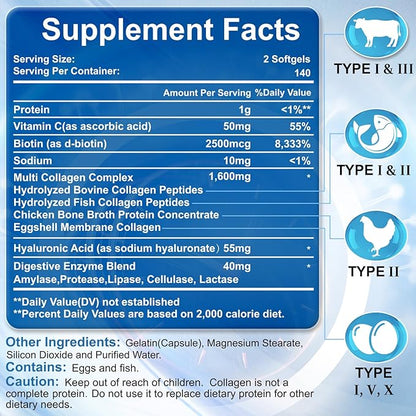Multi Collagen Peptides for Women & Men, Hydrolyzed Collagen Peptides-Type I, II, III, V, X - with Hyaluronic Acid,Vitamin C,Biotin,Supports Skin Hair Nail, Non-GMO,840 Softgels