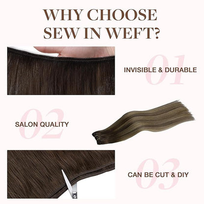 GOO GOO Sew in Hair Extensions Real Human Hair, Weft Hair Extensions Human Hair, 4/26/4 Balayage Chocolate Brown to Honey Blonde 22inch 110g, Weft Bundles Straight Silky Remy Hair
