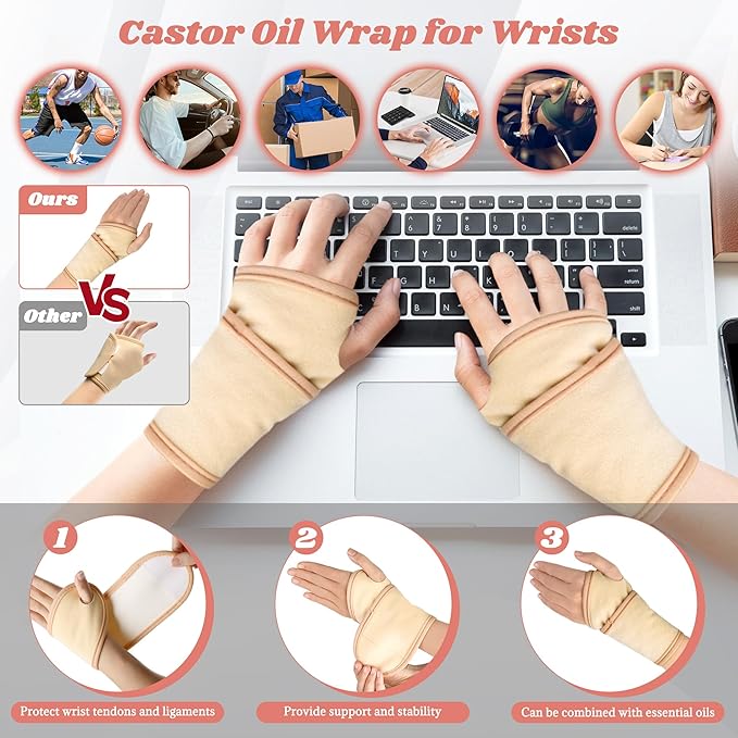 Castor Oil Pack Wrap, 12 Pcs Reusable Castor Oil Pack Kit Organic Cotton for Shoulder Hands Neck Waist Chest Knees and Feet, Adjustable Compress Pads for Entire Body
