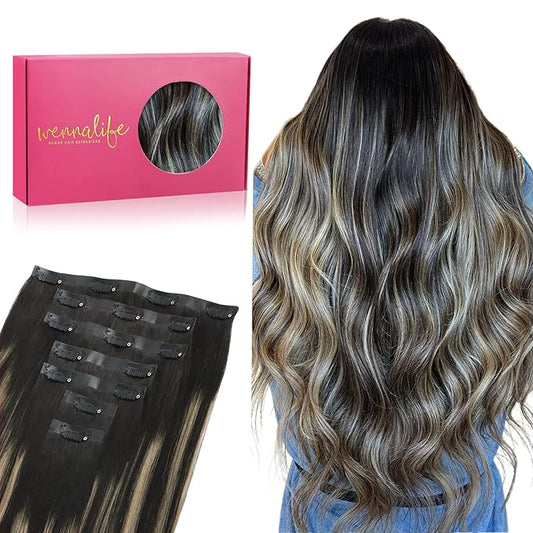 WENNALIFE Seamless Clip In Hair Extensions, 20 Inch 150g 7pcs Natural Black to Light Blonde Hair Extensions Clip in Human Hair Invisible PU Skin Weft Natural Remy Human Hair Extensions