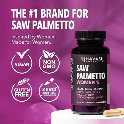 Saw Palmetto for Women with Biotin 5000mcg - Powerful DHT Blocker to Support Hair, Skin, and Nail Health - 60 Count - Vegan, Non-GMO Vitamin for Stronger, Fuller Looking Locks - 1 Month Supply