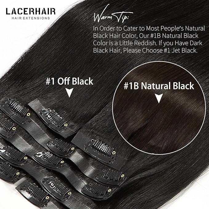Lacer Black Clip in Hair Extensions 20inch 150g Seamless Hair Extensions Human Hair Jet Black 8Pcs PU Skin Weft Natural Human Hair Clip in 19 Clips