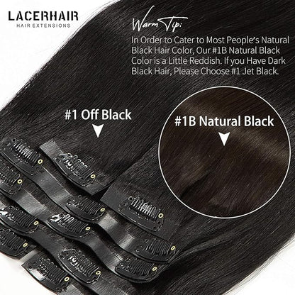 Lacer Black Clip in Hair Extensions 20inch 150g Seamless Hair Extensions Human Hair Jet Black 8Pcs PU Skin Weft Natural Human Hair Clip in 19 Clips