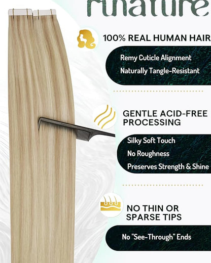 RUNATURE Tape in Hair Extensions Human Hair Blonde 18 Inch Tape in Extensions Human Hair, Blonde Highlights Real Remy Hair, Straight Silky Tape Ins Extensions, Long Lasting,No Shedding, 50g 20pcs