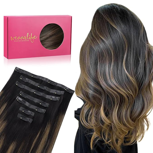 WENNALIFE Seamless Clip In Hair Extensions, 22 Inch 130g 7pcs Natural Black Mixed Chestnut Brown Hair Extensions Clip in Human Hair Invisible PU Skin Weft Natural Remy Human Hair Extensions