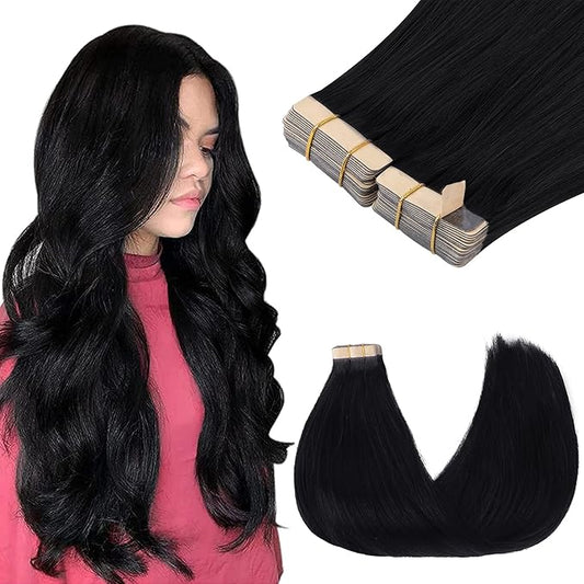 GOO GOO Tape in Hair Extensions Human Hair, 1 Jet black, 26inch 120g 40pcs, Skin Weft Seamless Invisible, Silky Straight with Thick Ends, Remy Human Hair