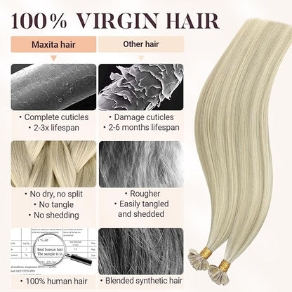 MAXITA U Tip Hair Extensions Human Hair, Ash Blonde Highlighted Platinum Blonde Hair Extensions Real Human Hair, 50g/50 Strands/Pack, 18 In Virgin Human Hair