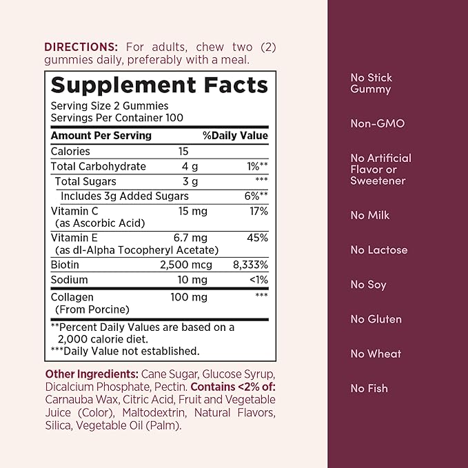 Nature's Bounty Optimal Solutions Hair, Skin and Nails Collagen Pectin Gummies, 100 mg Collagen and 2,500 mcg Biotin Per Serving, No Stick Gummy, Tropical Citrus Flavor, 200 ct, 100 Total Servings