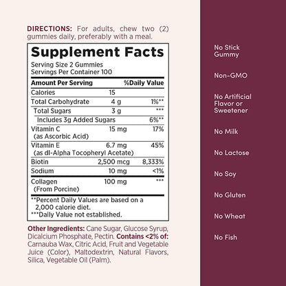 Nature's Bounty Optimal Solutions Hair, Skin and Nails Collagen Pectin Gummies, 100 mg Collagen and 2,500 mcg Biotin Per Serving, No Stick Gummy, Tropical Citrus Flavor, 200 ct, 100 Total Servings