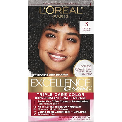 L'Oreal Paris Excellence Creme Permanent Triple Care Hair Color, 3 Natural Black, Gray Coverage For Up to 8 Weeks, All Hair Types, Pack of 1